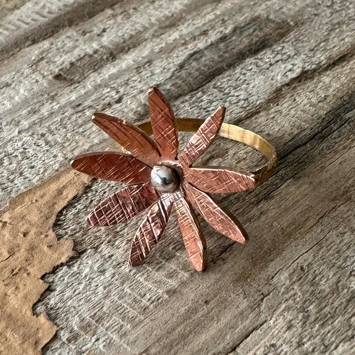Handmade copper and silver floret ring with textured brass band – size 8
