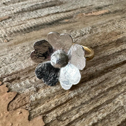 Elise ring with sterling silver floret and brass band, handmade artisan jewelry from The Floret Collection