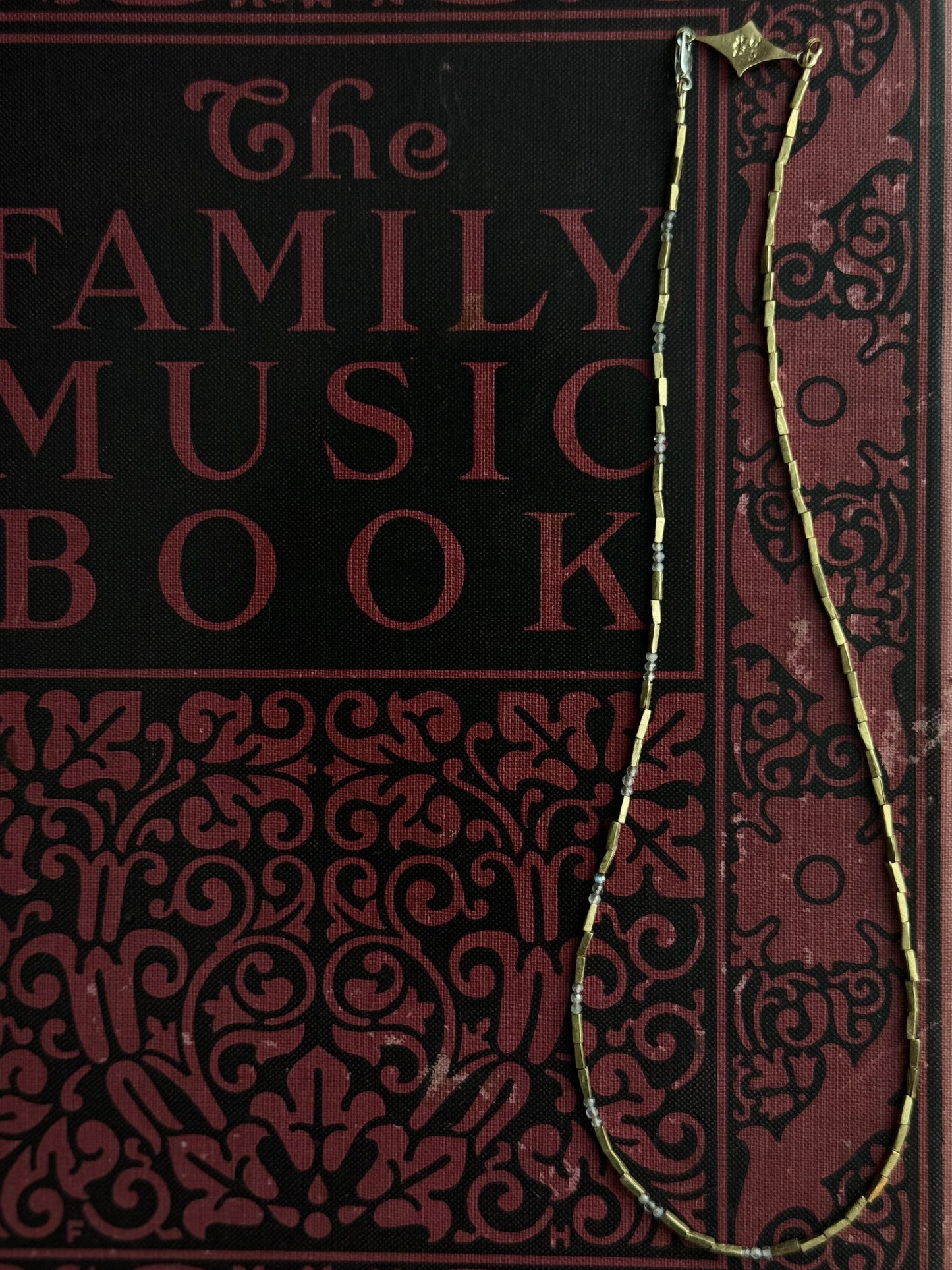 Antique Red book titled 'The Family Music Book' with a handmade brass and labradorite necklace on top